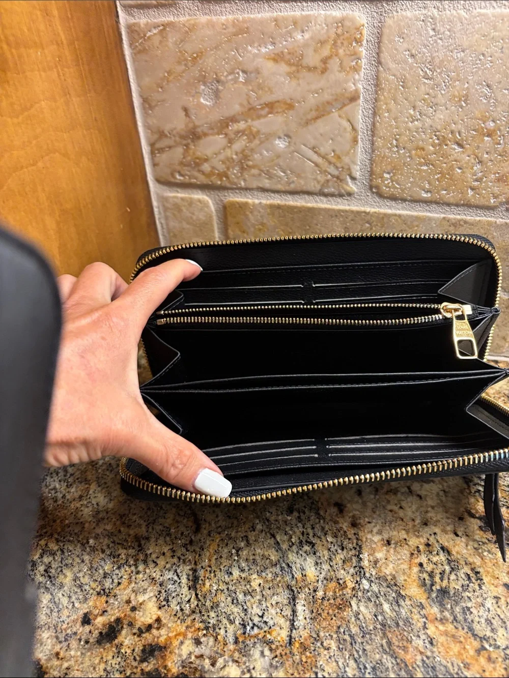 Black Monogram Embossed Zip Wallet with Wrist Strap - Picture 4 of 4